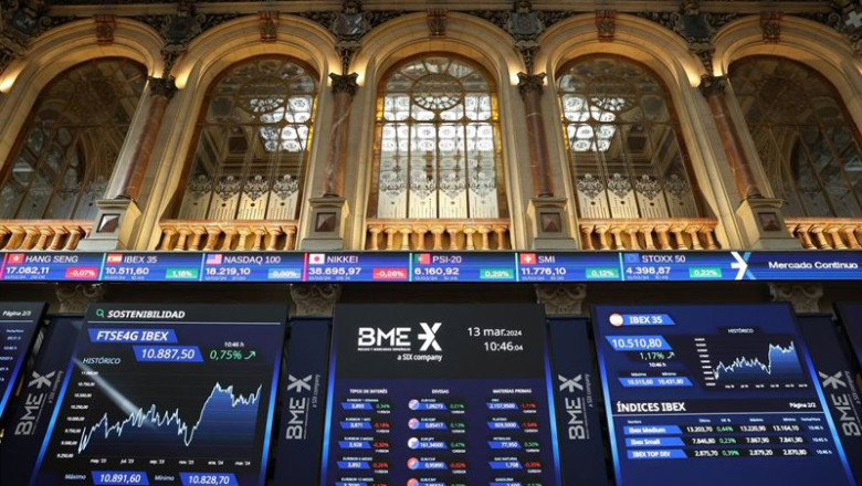 ep archivo   paneles del ibex 35 en el palacio de la bolsa a 13 de marzo de 2024 en madrid espana