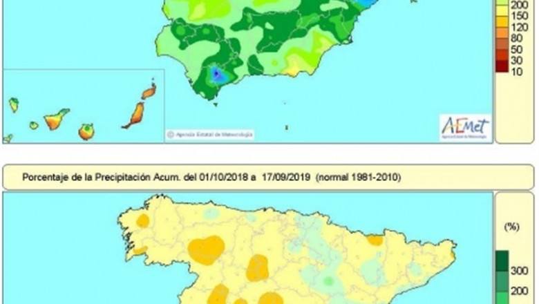 Distribución de las lluvias recogidas en España en el año hidrológico que indican una falta de precipitaciones acumulada en la mayor parte de España excepto en el sureste peninsular. | AEMET ep distribucion de las lluvias recogidas en espana en el ano hidrologico que indican una falta de