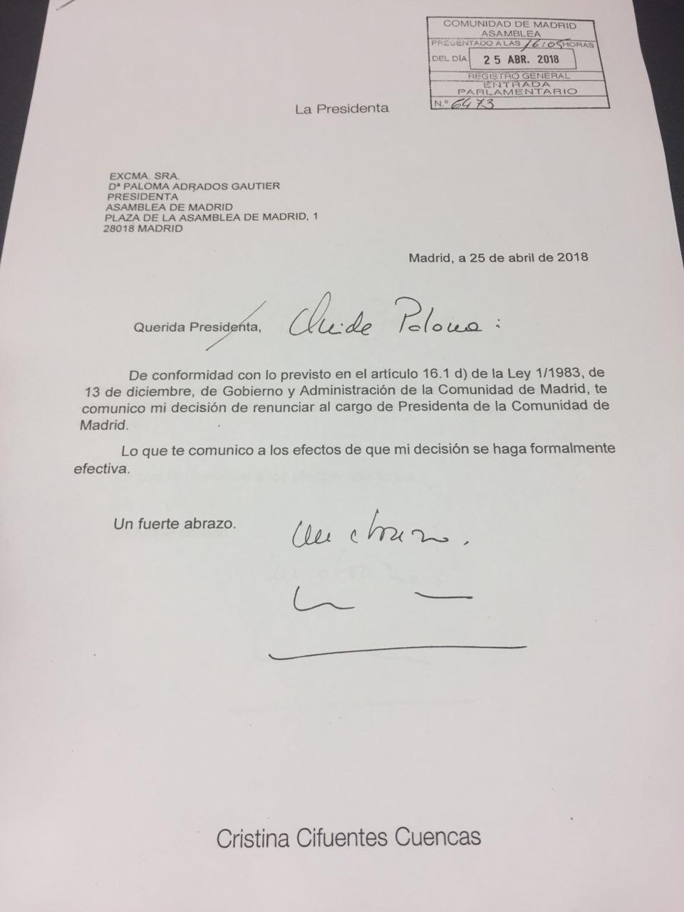 ep escritocifuentesrenunciarla presidenciala comunidadmadrid