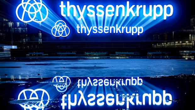 ep filed - 20 november 2019 essen the thyssenkrupp logo is reflected on a water surface two former