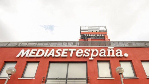 ep cartel de mediaset espana en la sede de telecinco en madrid espana a 5 de marzo de 2020
