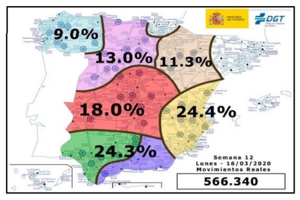Mapa con la distribución de los movimientos de largo recorrido durante el lunes 16 de marzo, primer día laborable bajo el Estado de Alarma en España | DGT - Archivo ep mapa con la distribucion de los movimientos de largo recorrido durante el lunes 16 de marzo