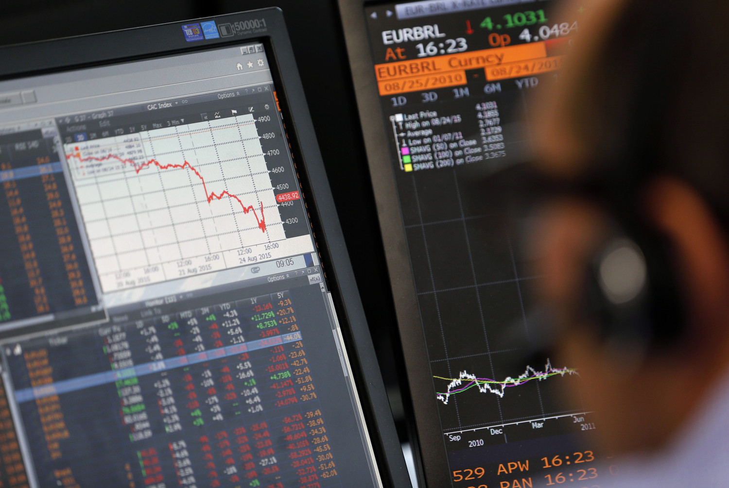 un directeur des ventes est assis pres d un ecran montrant les actions du cac 40 francais a paris un directeur des ventes est assis pres d un ecran montrant les actions du cac 40 francais a paris