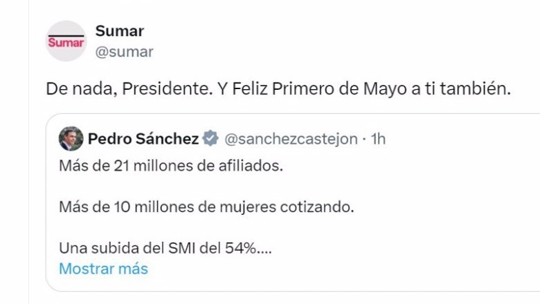 ep sumar retuitea un mensaje de pedro sanchez por el 1 de mayo ep sumar retuitea un mensaje de pedro sanchez por el 1 de mayo