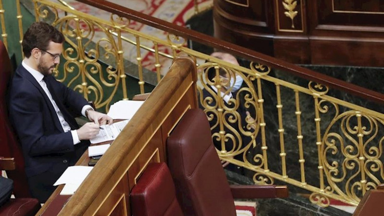 El líder del Partido Popular, Pablo Casado, asiste al pleno del Congreso que debate este miércoles la quinta prórroga del estado de alarma después de que el Gobierno rectificara ante la presión de los grupos y solicitara una ampliación de quince días | Pool ep el lider del partido popular pablo casado asiste al pleno del congreso que debate este miercoles