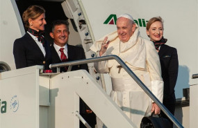 ep september 4 2019 - rome italy pope francis waves as he boards an aircraft on his way to maputo