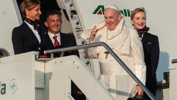 ep september 4 2019 - rome italy pope francis waves as he boards an aircraft on his way to maputo