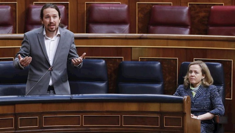 El vicepresidente segundo del Gobierno, Pablo Iglesias y la vicepresidenta económica, Nadia Calviño. | Pool ep el vicepresidente segundo del gobierno pablo iglesias y la vicepresidenta economica nadia calvino