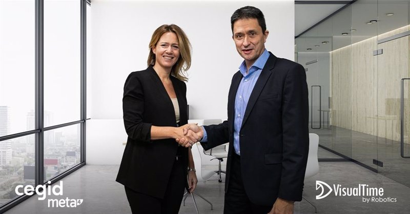 La directora general de Cegid Meta4 en Iberia, Patricia Santoni, y Director General de VisualTime by Robotics, David Arderiu, sellan el acuerdo. | CEGID ep la directora general de cegid meta4 en iberia patricia santoni y director general de visualtime