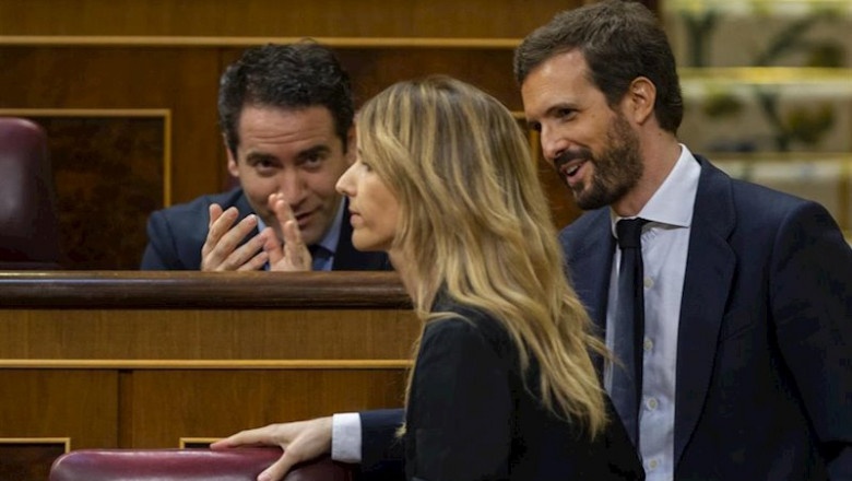 El secretario general del Partido Popular, Teodoro García Egea; la portavoz del Grupo Popular en el Congreso de los Diputados, Cayetana Álvarez de Toledo; y el presidente del PP, Pablo Casado. En Madrid (España), a 27 de mayo de 2020. | Pool ep el secretario general del partido popular teodoro garcia egea la portavoz del grupo popular en el