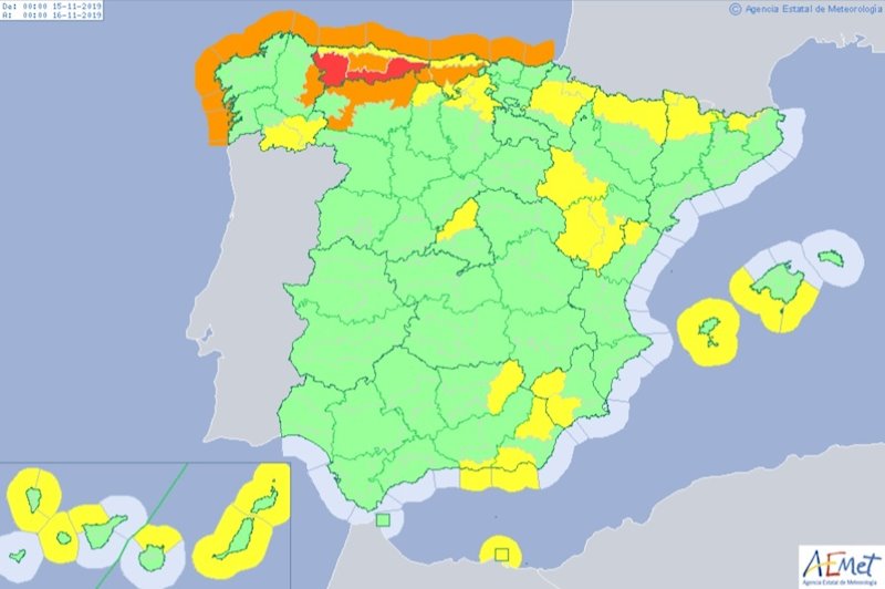 ep mapa de espana que muestra los avisos de la aemet para este viernes 15 de noviembre de 2019 ep mapa de espana que muestra los avisos de la aemet para este viernes 15 de noviembre de 2019