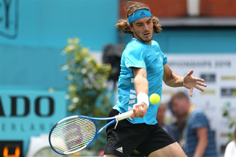 ep 20 june 2019 england london greek tennis player stefanos tsitsipas in action against frances jeremy chardy during their mens singles round of 16 match of the queens club championships tennis tournament at the queens club photo steven pastonpa w
