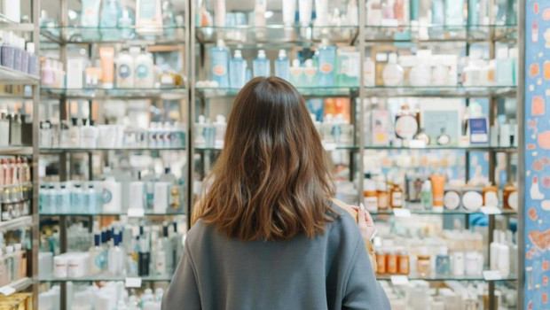 ep clienta ante un escaparate con productos de belleza