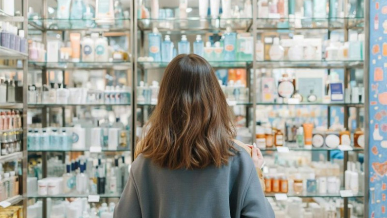 ep clienta ante un escaparate con productos de belleza