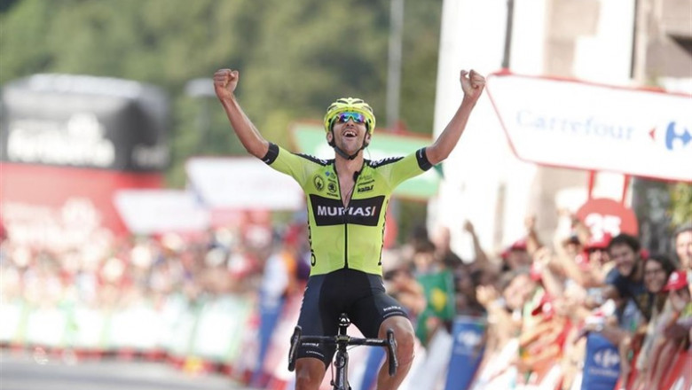 04 September 2019, Spain, Urdax: Spanish cyclist Mikel Iturria Segurola of Euskadi Basque Country-Muria celebrates as he crosses the finish line to win the eleventh stage of the 2019 edition of the "Vuelta a Espana" Tour of Spain cycling race, 180 km from | Yuzuru Sunada/BELGA/dpa ep 04 september 2019 spain urdax spanish cyclist mikel iturria segurola of euskadi basque