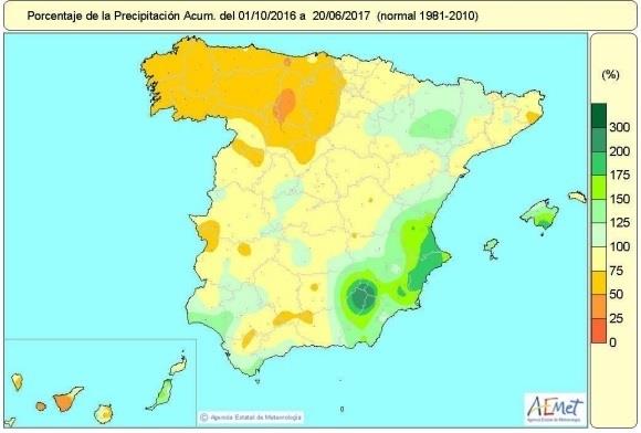 Mapa de lluvias acumuladas desde octubre de 2016 al 20 de junio de 2017 | AEMET ep mapalluvias acumuladasoctubre201620junio2017