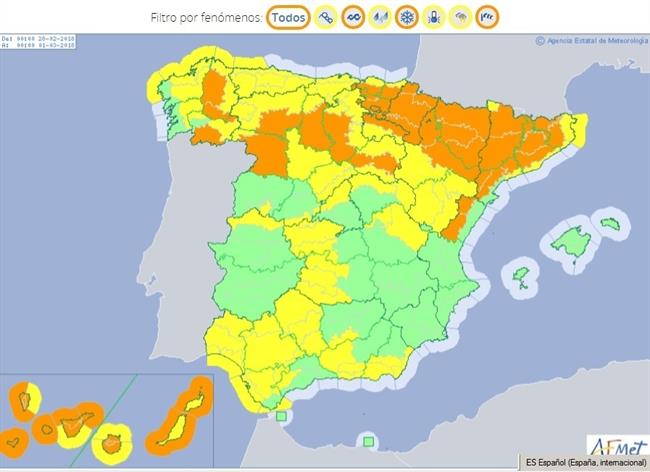 Mapa de riesgos meteorológicos previsto para el 28 de febrero | AEMET ep mapariesgos meteorologicos previsto28febrero