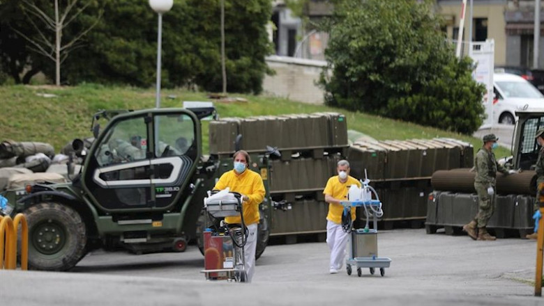 Militares en la instalación de un hospital provisional en las inmediaciones del Hospital Gregorio Marañón (Madrid) | Marta Fernández Jara - Europa Press ep militares en la instalacion de un hospital provisional en las inmediaciones del hospital gregorio