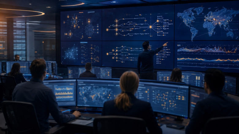 Ai interpretation of a modern SOC in a dark setting with multiple analysts. edr by av comparatives