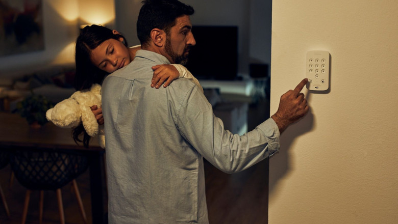 home alarm father and girl night home alarm father and girl night