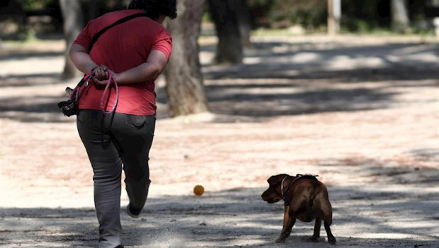 ep una mujer pasea con su perro en el parque calero en madrid espana a 8 de mayo de 2020