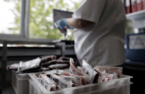 ep una sanitaria clasifica las bolsas de transfusion de sangre en el centro de transfusion de la
