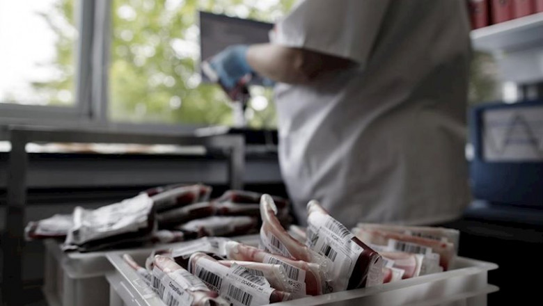 ep una sanitaria clasifica las bolsas de transfusion de sangre en el centro de transfusion de la
