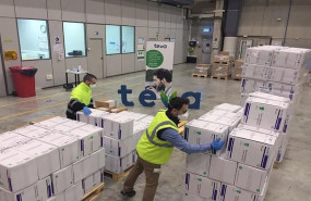 ep dos trabajadores con mascarilla trabajan en el almacen de la compania farmaceutica internacional