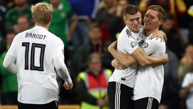 ep 09 september 2019 northern ireland belfast germanys marcel halstenberg r celebrates scoring his