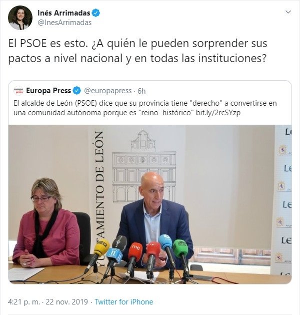 ep ines arrimadas comenta en twitter las declaraciones del alcalde de leon
