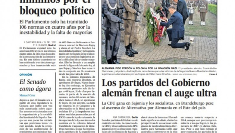 Portada del periódico de El País del lunes 2 de septiembre. | EL PAÍS ep portada del periodico de el pais del lunes 2 de septiembre