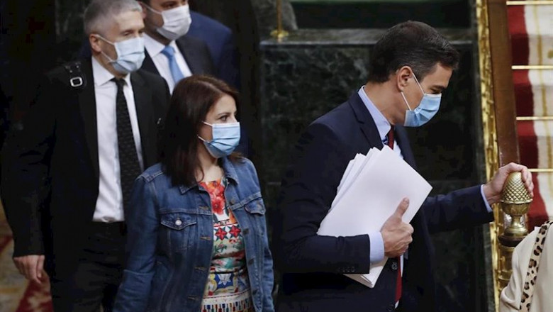 El presidente del Gobierno, Pedro Sánchez, la portavoz parlamentaria, Adriana Lastra y los ministros Fernando Grande- Marlaska y José Luis Ábalos, en el hemiciclo del Congreso, en Madrid (España), a 20 de mayo de 2020. | Pool ep el presidente del gobierno pedro sanchez la portavoz parlamentaria adriana lastra y los ministros