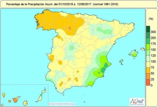 Distribución de lluvias en al año hidrológico 2016-2017 hasta el 12 septiembre | AEMET ep distribucionlluviasal ano hidrologico 2016-201712 septiembre