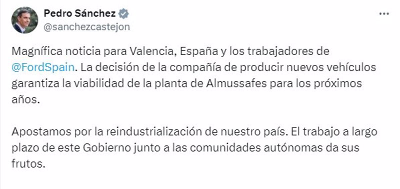 Post del presidente del Gobierno, Pedro Sánchez, en la red social X | EUROPA PRESS ep post del presidente del gobierno pedro sanchez en la red social x